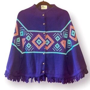 Vintage Geometric Knit Shawl Cardigan Poncho OS
